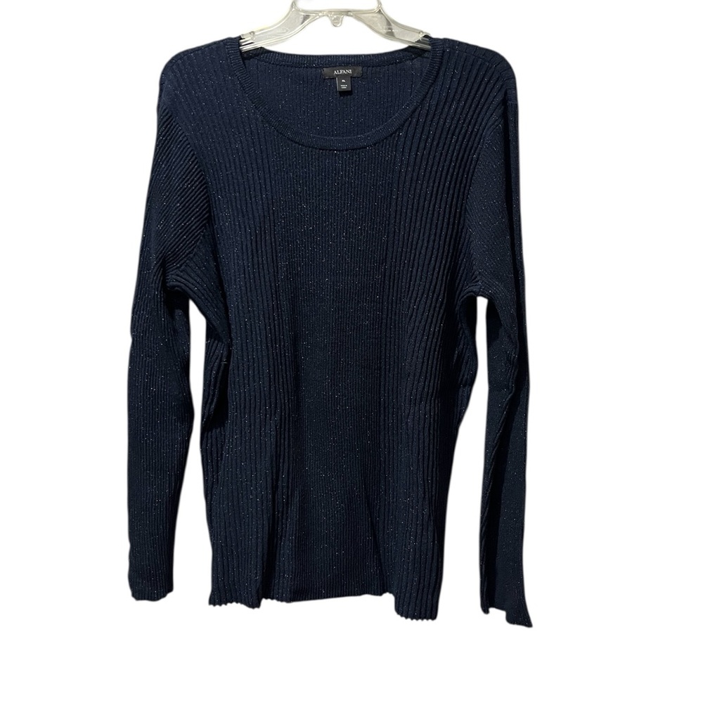 Alfani Sweater Womens Size Large Navy Blue Ribbed Metallic Knit Long Sleeve New